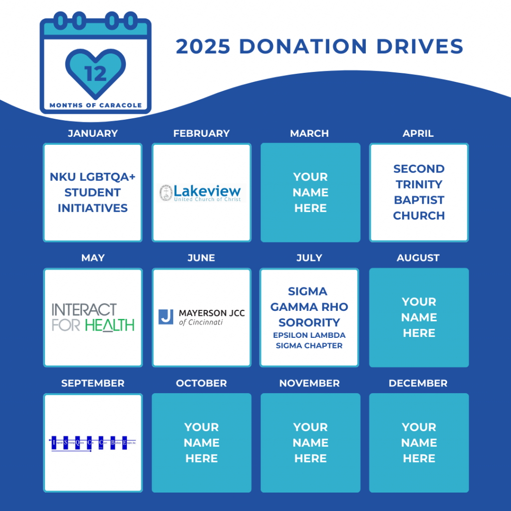 12 Month of Caracole 2025 Donation drive with 12 teal-colored boxes for each month. January contains "NKU LGBTQA+ Student Initiatives", February contains "Lakeview" Logo. April contains "Second Trinity Baptist Church." May contains "Interact for Health." June contains "Mayerson JCC of Cincinnati." July contains "Sigma Gamma Rho Sorority, Epsilon Lambda Sigma Chapter." September contains "ISQCCBE" logo. All other months read "Your Logo Here."