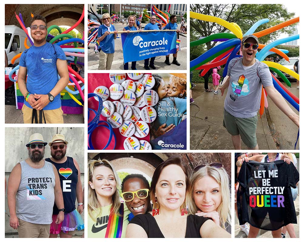 Images of Caracole's diverse staff celebrating pride with signs, multicolored balloons, and Pride shirts.