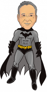 Illustration of Tom Synan, an older light-skinned man, drawn as Batman with his arms at his side.