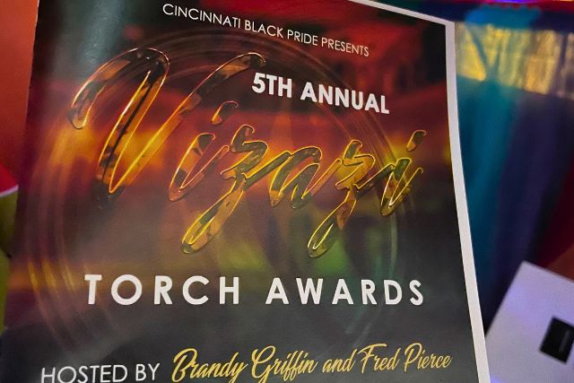 Cover of the program for the 5th Annual Vizazi Torch Awards reading, "Cincinnati Black Pride Presents 5th Annual Vizazi Torch Awards Hosted by Brandy Griffin and Fred Pierce"