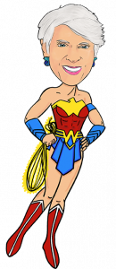 Illustration of Judith Feinberg, a older light-skinned woman, drawn as Wonder Woman in a power pose with her hands on her hips.