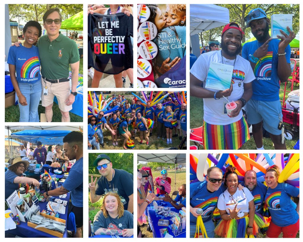 Images of Caracole's diverse staff and friends celebrating pride with signs, multicolored balloons, and Pride shirts.