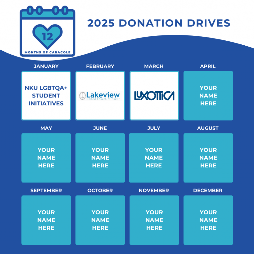 12 Month of Caracole 2025 Donation drive with 12 teal-colored boxes for each month. January contains "NKU LGBTQA+ Student Initiatives", February contains "Lakeview" Logo. March contais "Luxottica" logo. All other months read "Your Logo Here."