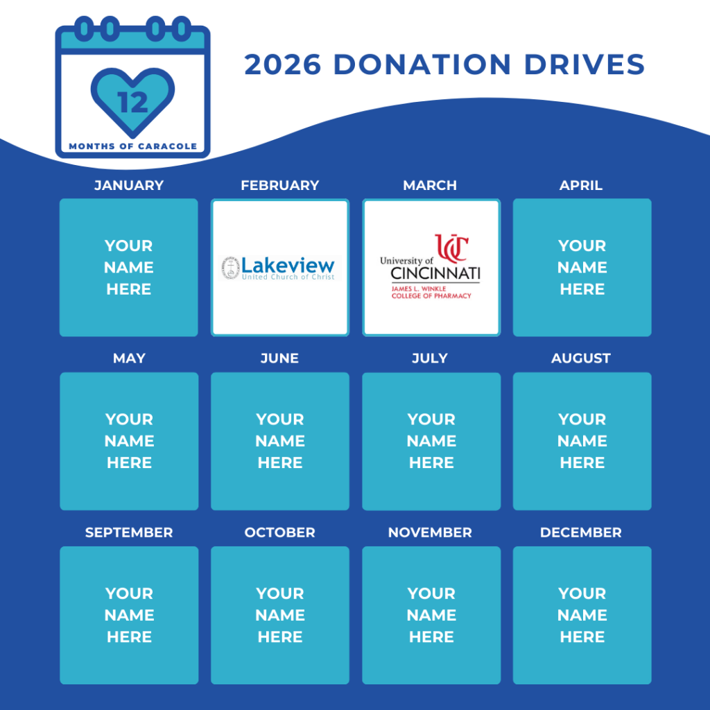 12 Month of Caracole 2026 Donation drive with 12 teal-colored boxes for each month. "Lakeview United Church of Christ" appears in Februrary. "University of Cincinnati James L. Winkle College of Pharmacy" appears in March. All other boxes contain “Your Name Here”